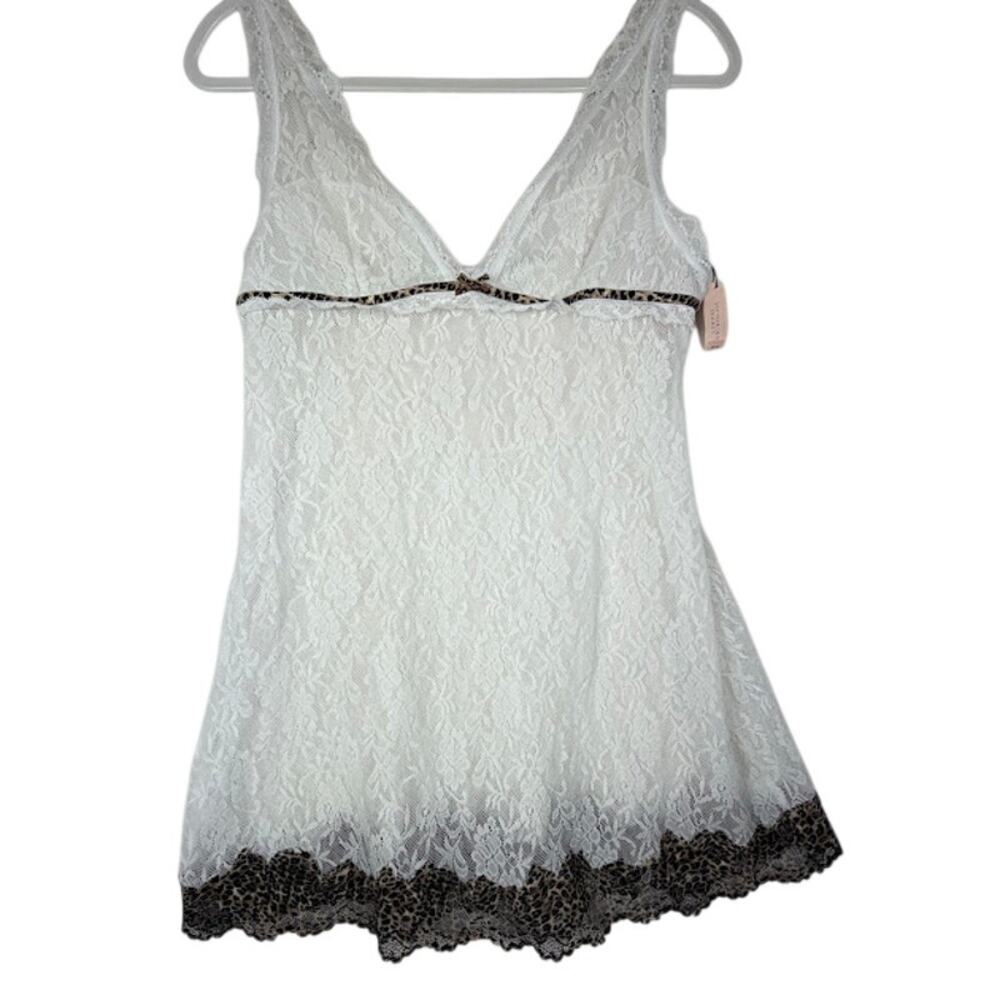 NWT Victorias Secret Babydoll Nightie Leopard Trim Embroidered Bow Lace White L